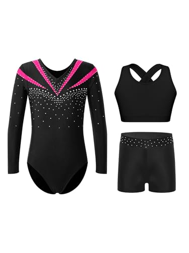 iiniim 3tlg.Mädchen Turnanzug Glitzer Gymnastikanzug Langarm Ballettanzug Gymnastik Leotard + Sport BH Tops + Shorts Turntrikot Wettbewerb Tanzkostüm B Dunkel Rosa 110-116 von iiniim