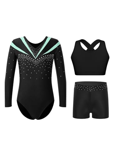 iiniim 3tlg.Mädchen Turnanzug Glitzer Gymnastikanzug Langarm Ballettanzug Gymnastik Leotard + Sport BH Tops + Shorts Turntrikot Wettbewerb Tanzkostüm B Hellgrün 122-128 von iiniim