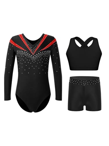 iiniim 3tlg.Mädchen Turnanzug Glitzer Gymnastikanzug Langarm Ballettanzug Gymnastik Leotard + Sport BH Tops + Shorts Turntrikot Wettbewerb Tanzkostüm B Rot 170-176 von iiniim