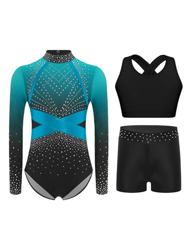 iiniim 3tlg.Mädchen Turnanzug Glitzer Gymnastikanzug Langarm Ballettanzug Gymnastik Leotard + Sport BH Tops + Shorts Turntrikot Wettbewerb Tanzkostüm C Hellblau 158-164 von iiniim