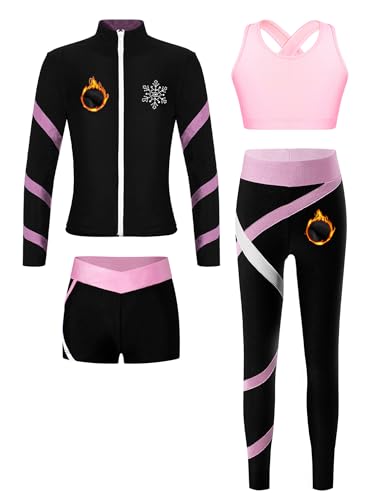 iiniim 4tlg.Mädchen Trainingsanzug Winter Sportanzug Fleece Eiskunstlauf Anzug Warm Winter Jogginganzug Yoga Gym Tanzen Eislaufen Sport Set Rosa 134-140 von iiniim
