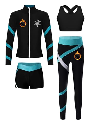 iiniim 4tlg.Mädchen Trainingsanzug Winter Sportanzug Fleece Eiskunstlauf Anzug Warm Winter Jogginganzug Yoga Gym Tanzen Eislaufen Sport Set Schwarz&Blau Grün 158-164 von iiniim