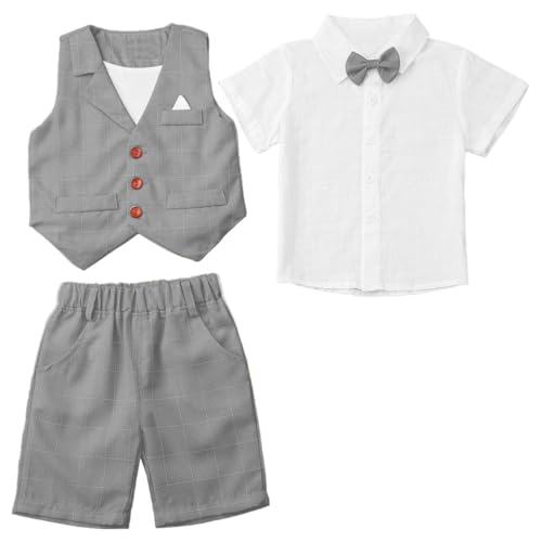 iiniim Baby Jungen Anzug Set Gentleman Smoking Kurzarm T-Shirt Hemd + Shorts/Hosen Bekleidungsset Taufe Hochzeit Festliche Kleidung C Grau 74-80 von iiniim