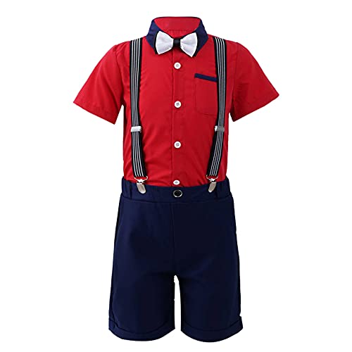 iiniim Baby Jungen Kurzarm T-Shirt Hemd + Shorts Kurze Hosen Gentleman Smoking Anzug Kinder Sommer Bekleidung Set Taufe Festlich Hochzeit Outfit Da Rot&Blau 110-116 von iiniim