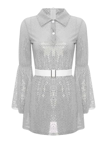 iiniim Damen 60er 70er Jahre Disco Outfit Hippie Kostüm Pailletten Hemdkleid Blusenkleid Glitzer Tanzkleid Disco Hippie Partykleid Faschingskostüm Silber M von iiniim
