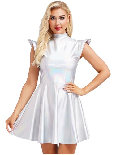 iiniim Damen Alien Kostüm Space Girl Kleid Metallic Minikleid Bodycon Glänzend Weltall Astronauten Kostüm Karneval Fasching GOGO Rave Partykleid Holografisch S von iiniim