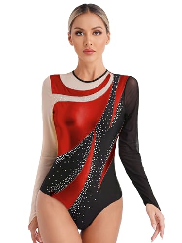 iiniim Damen Ballettanzug Langarm Turnanzug Glitzer Ballett Trikot Tanzbody Patchwork Gymnastik Leotard Eislaufen Wettbewerb Tanzkostüm A Rot L von iiniim