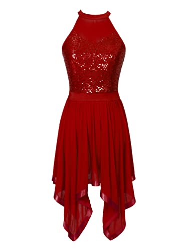 iiniim Damen Ballettkleid Ballettanzug Pailletten Tanzkleid mit Asymmetrisch Rock Ballett Trikot Gymnastik Turnanzug S-XL A Weinrot S von iiniim