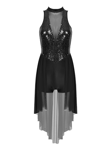 iiniim Damen Ballettkleid Glitzer Tanzkleid Latein Ballerina Kleid Pailletten Ballettanzug mit Asymmetrisch Rock Modern Ballsaal Lyrisch Tanzkleid Schwarz S von iiniim