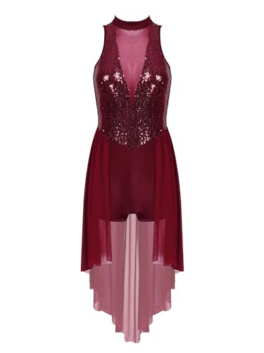 iiniim Damen Ballettkleid Glitzer Tanzkleid Latein Ballerina Kleid Pailletten Ballettanzug mit Asymmetrisch Rock Modern Ballsaal Lyrisch Tanzkleid Weinrot M von iiniim