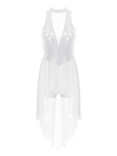 iiniim Damen Ballettkleid Glitzer Tanzkleid Latein Ballerina Kleid Pailletten Ballettanzug mit Asymmetrisch Rock Modern Ballsaal Lyrisch Tanzkleid Weiß L von iiniim