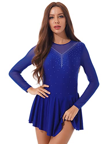 iiniim Damen Ballettkleid Langarm Eiskunstlauf Kleider mit Strass Asymmetrisch Rock Gymnastik Turnanzug Leotard Tanzkleid A Royal Blau L von iiniim