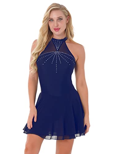 iiniim Damen Ballettkleid Neckholder Eiskunstlauf Kleider mit Strass Asymmetrisch Rock Gymnastik Turnanzug Leotard Tanzkleid S-XXL Aa Marine Blau XXL von iiniim