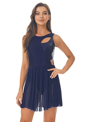 iiniim Damen Ballettkleid Neckholder Eiskunstlauf Kleider mit Strass Asymmetrisch Rock Gymnastik Turnanzug Leotard Tanzkleid S-XXL B Marine Blau XL von iiniim