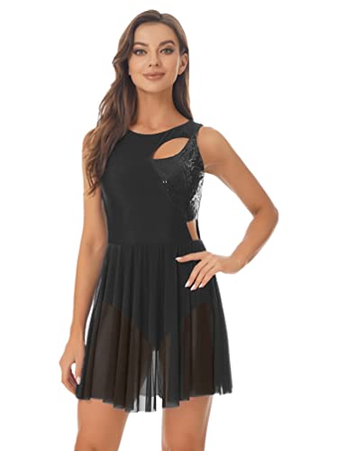 iiniim Damen Ballettkleid Neckholder Eiskunstlauf Kleider mit Strass Asymmetrisch Rock Gymnastik Turnanzug Leotard Tanzkleid S-XXL B Schwarz XL von iiniim