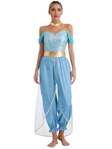 iiniim Damen Bauchtanz Kostüm Bauchtänzerin Orientalische Indische Verkleidung Halloween Karneval Fasching Party Tanzkleidung A Blau 3XL von iiniim