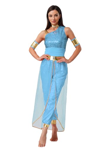iiniim Damen Bauchtanz Kostüm Bauchtänzerin Orientalische Indische Verkleidung Halloween Karneval Fasching Party Tanzkleidung C Himmelblau S von iiniim