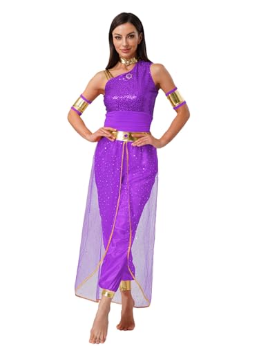 iiniim Damen Bauchtanz Kostüm Bauchtänzerin Orientalische Indische Verkleidung Halloween Karneval Fasching Party Tanzkleidung C Lila M von iiniim