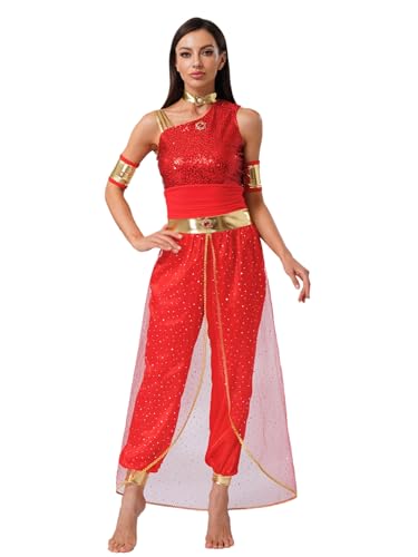 iiniim Damen Bauchtanz Kostüm Bauchtänzerin Orientalische Indische Verkleidung Halloween Karneval Fasching Party Tanzkleidung C Rot 3XL von iiniim