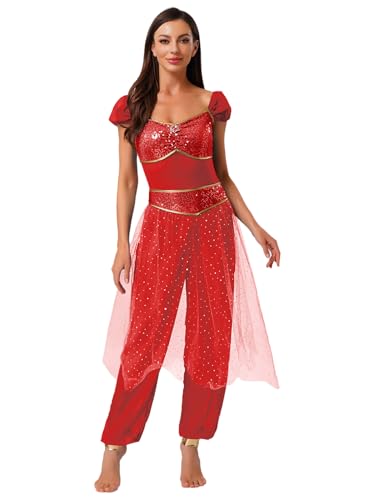 iiniim Damen Bauchtanz Kostüm Bauchtänzerin Orientalische Indische Verkleidung Halloween Karneval Fasching Party Tanzkleidung D Rot M von iiniim