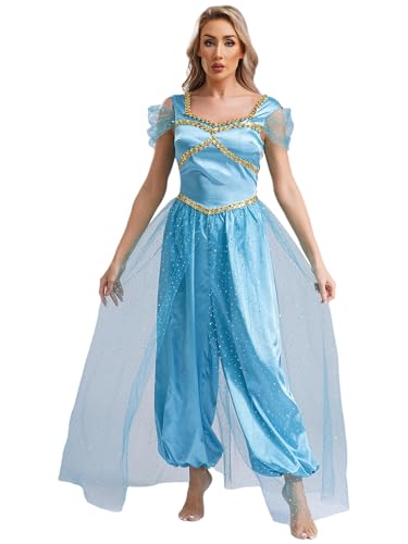 iiniim Damen Bauchtanz Kostüm Glitzer Body Overall Arabische Prinzessin Kostüm Bauchtänzerin Indische Tanzkleidung Halloween Karneval Partykleid Blau See XXL von iiniim