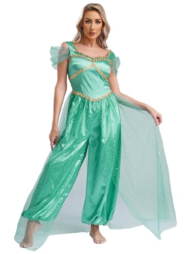 iiniim Damen Bauchtanz Kostüm Glitzer Body Overall Arabische Prinzessin Kostüm Bauchtänzerin Indische Tanzkleidung Halloween Karneval Partykleid Türkis 4XL von iiniim