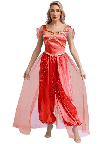 iiniim Damen Bauchtanz Kostüm Glitzer Body Overall Arabische Prinzessin Kostüm Bauchtänzerin Indische Tanzkleidung Halloween Karneval Partykleid Weinrot 3XL von iiniim