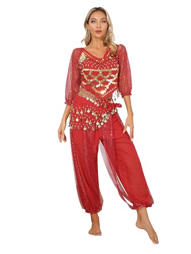 iiniim Damen Bauchtanz Kostüm Langarm Tops + Haremhose Orientalische Indische Bauchtänzerin Tanzkleidung Halloween Fasching Karneval Party Outfits Rot Einheitsgröße von iiniim