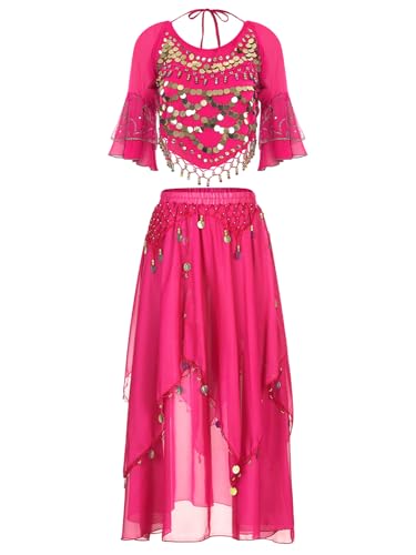 iiniim Damen Bauchtanz Kostüm Pailletten Kleid Bauchtanz Oberteile + Tanzrock Bauchtänzerin Indische Tanzkleidung Karneval Fasching Kostüm Dunkel Rosa Einheitsgröße von iiniim