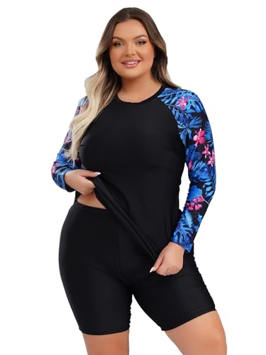 iiniim Damen Bikini Tankini Set Blumendruck Badeanzug Langarm Rashguard + Badehose Große Größen Bademode Sommer Strandmode Schwarz 4XL von iiniim