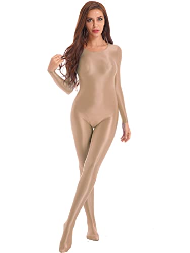 iiniim Damen Body Overall Nylon Langarm Ganzanzug Einteiler Jumpsuit Ballett Trikotanzug Strumpfhose Tights Leggings Hose Kaffee XL von iiniim