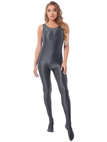 iiniim Damen Body Overall Nylon Ganzanzug Einteiler Ärmellos Bodysuit Jumpsuit Ballett Trikotanzug Tights Leggings Hose A Grau XL von iiniim