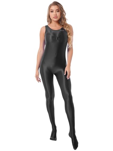 iiniim Damen Body Overall Nylon Ganzanzug Einteiler Ärmellos Bodysuit Jumpsuit Ballett Trikotanzug Tights Leggings Hose A Schwarz XL von iiniim