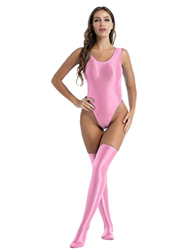 iiniim Damen Body Stringbody Glossy Bodysuit Overall High Cut Thong Nylon Jumpsuit mit Strumpfhose/Minirock Ballett Trikotanzug Leotard Tops Ba Rosa Einheitsgröße von iiniim