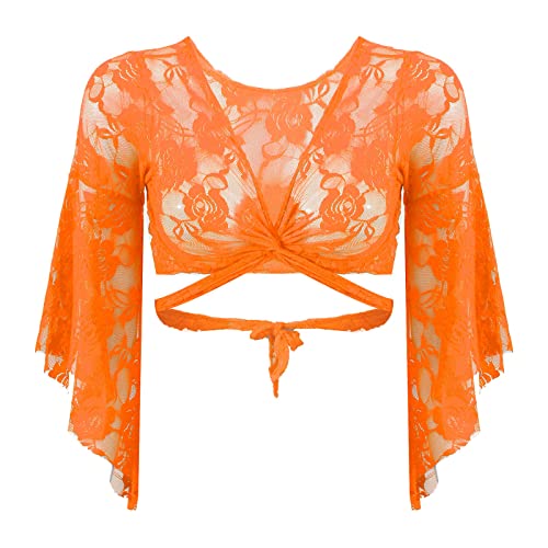 iiniim Damen Bolero Kurz Cardigan Spitze Schulterjacke Langarm Shrug Tops Tanz Ballettjacke Sport Oberteil Aa Orange Einheitsgröße von iiniim