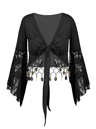 iiniim Damen Bolero Kurz Jacke Bauchtanz Kostüm Schulterjacke Langarm Cardigan Tops Shrug Latein Tanz Ballettjacke Sport Oberteile Schwarz XL von iiniim