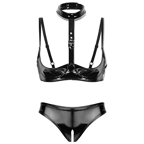 iiniim Damen Brustfrei Hebe BH Tops mit Wetlook Ouvert Slips G-String Erotik Dessous Set Reizwäsche Nachtwäsche Schwarz C L von iiniim