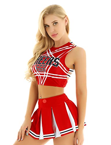 iiniim Damen Cheer Leader Kostüm Cheerleading Uniform Crop Tops mit Faltenrock Schulmädchen Kostüm Cosplay Halloween Fasching Karneval Kostüm S-XXL A Rot M von iiniim