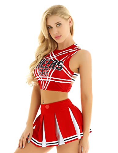 iiniim Damen Cheer Leader Kostüm Cheerleading Uniform Crop Tops mit Faltenrock Schulmädchen Kostüm Cosplay Halloween Fasching Karneval Kostüm S-XXL A Rot XL von iiniim