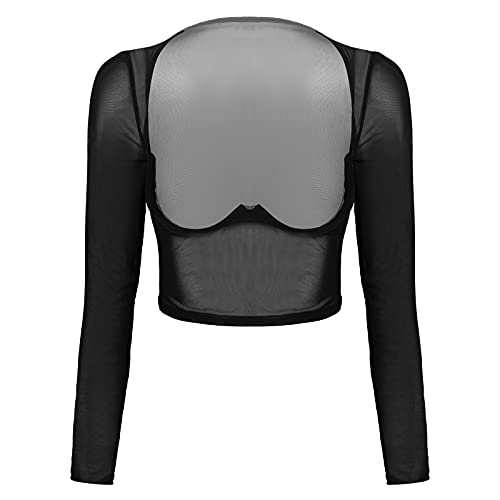 iiniim Damen Crop Tops Transparent Mesh Shirt Langarm Bluse mit Brustfrei Hebe BH Bustier Dessous Unterwäsche Party Shirt Clubwear A Schwarz M von iiniim