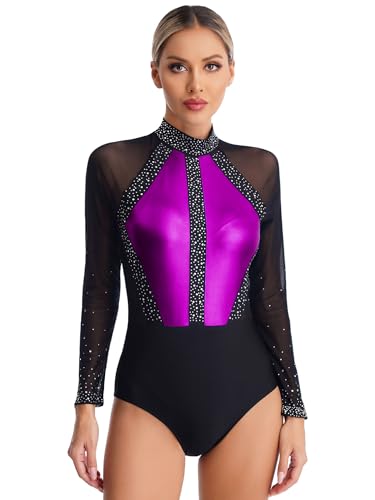 iiniim Damen Eiskunstlauf Body Glitzer Ballettanzug Langarm Body Overall Akrobatik Anzug Gymnastik Turnanzug Wettbewerb Tanzkostüm Lila M von iiniim