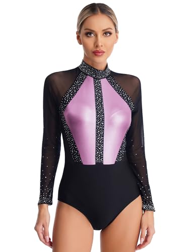 iiniim Damen Eiskunstlauf Body Glitzer Ballettanzug Langarm Body Overall Akrobatik Anzug Gymnastik Turnanzug Wettbewerb Tanzkostüm Rosa M von iiniim