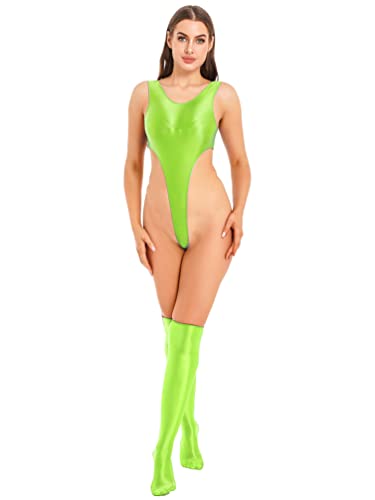 iiniim Damen Glossy Body Stringbody mit Strümpfe High Cut Bodysuit Overall Nylon Jumpsuit Ballett Trikotanzug Leotard Tops G Fluorescent Grün L von iiniim