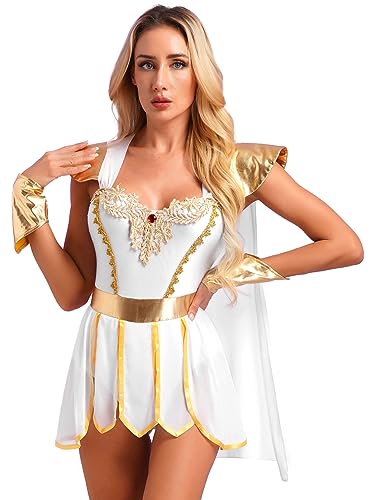 iiniim Damen Griechische Göttin Kostüm Edles Kleid Römische Kurze Toga Römer Griechen Halloween Kostüm Karneval Fasching Verkleidung A Weiß L von iiniim