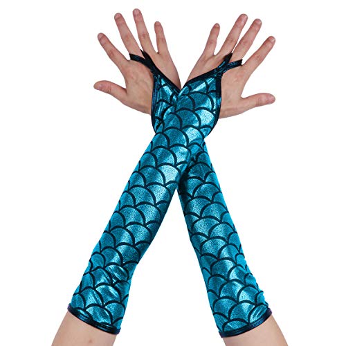 iiniim Damen Handschuhe Glänzend Metallic Meerjungfrau Skala Druck Fingerlose Lange Handschuhe Handstulpen Tanz Party Clubwear (10 Farben) Hell Blau Einheitsgröße von iiniim