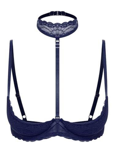 iiniim Damen Hebe BH Bustier Neckholder Push Up Spitze Bra 1/4 Bügel BH Tops Büstenhebe Büstenhalter Dessous Unterwäsche Bf Dunkle Marine 3XL von iiniim