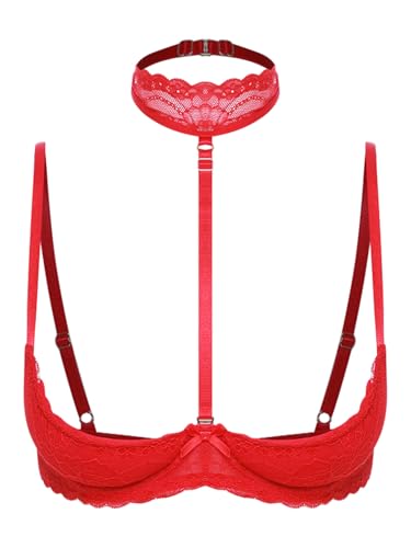iiniim Damen Hebe BH Bustier Neckholder Push Up Spitze Bra 1/4 Bügel BH Tops Büstenhebe Büstenhalter Dessous Unterwäsche Bf Rot S von iiniim