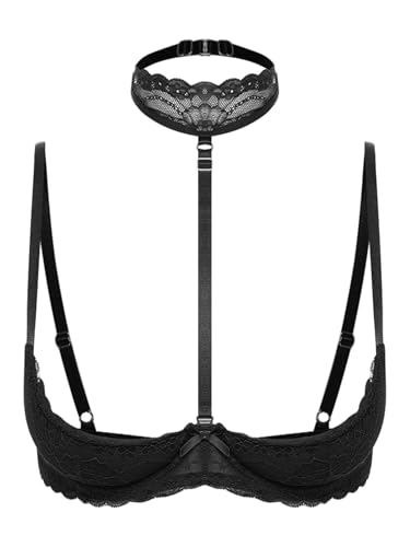 iiniim Damen Hebe BH Bustier Neckholder Push Up Spitze Bra 1/4 Bügel BH Tops Büstenhebe Büstenhalter Dessous Unterwäsche Bf Schwarz S von iiniim