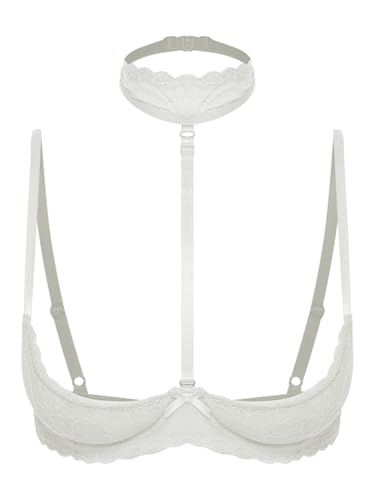 iiniim Damen Hebe BH Bustier Neckholder Push Up Spitze Bra 1/4 Bügel BH Tops Büstenhebe Büstenhalter Dessous Unterwäsche Bf Weiß XXL von iiniim