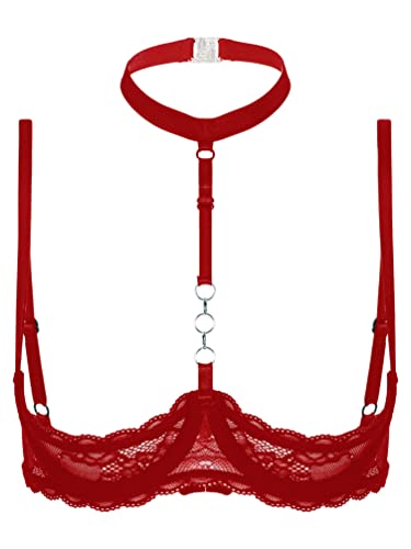 iiniim Damen Hebe BH Bustier Neckholder Push Up Spitze Bra 1/4 Bügel BH Tops Büstenhebe Büstenhalter Dessous Unterwäsche A Rot XL von iiniim